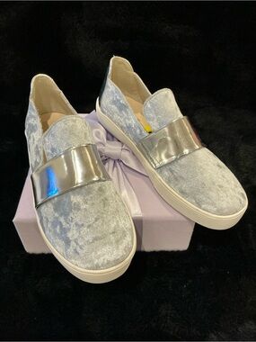 Stuart Weitzman Vance Strap Silver Velvet Slip-On Loafers  Size 5